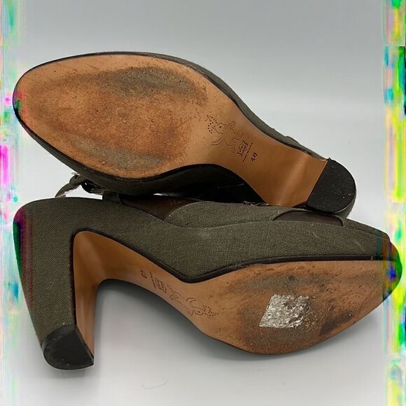 Marni Green Canvas & Brown Leather Peep Toe Slingback Platform Heels EU 40 US 10 - Picture 9 of 12